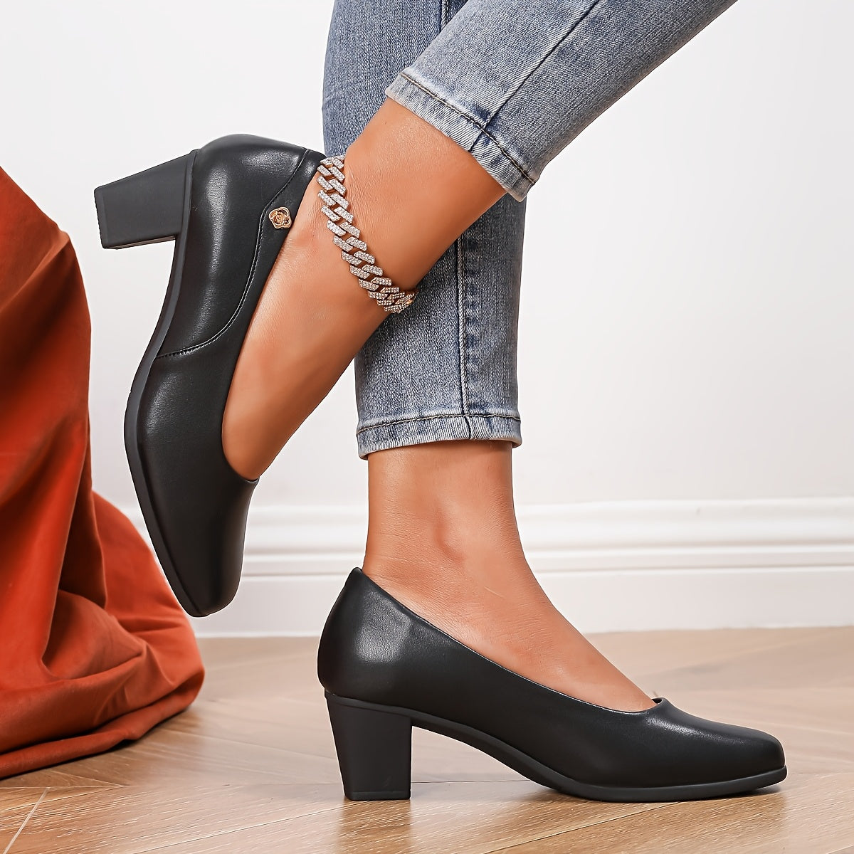 Women's Black Faux Leather Square Toe Pumps with Buckle, Mid-Chunky Heel