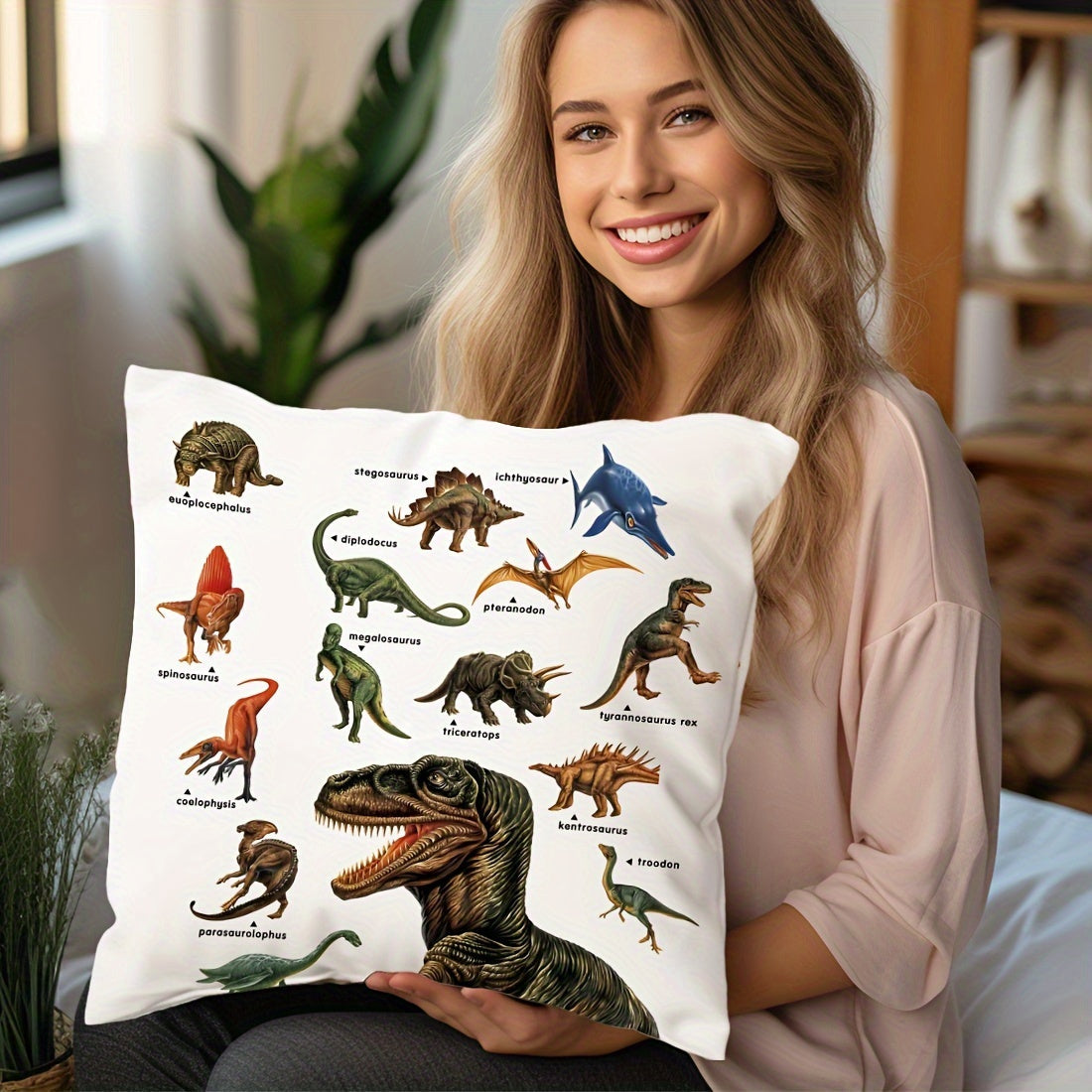45x45cm Dinosaur Educational Illustration Pillowcase Made from Peach Skin Velvet for Sofa Bed Car Decor