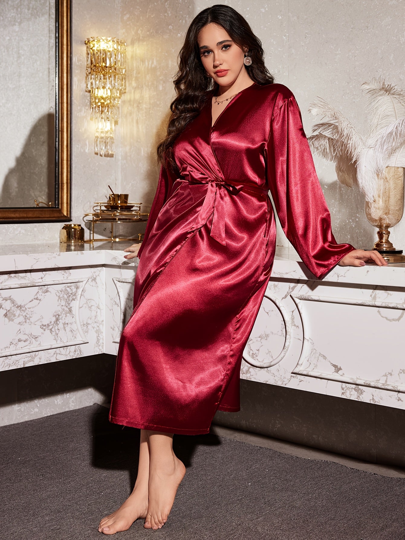 Plus Size Women Long Satin Bathrobe Sleepwear Solid Color Fall Winter