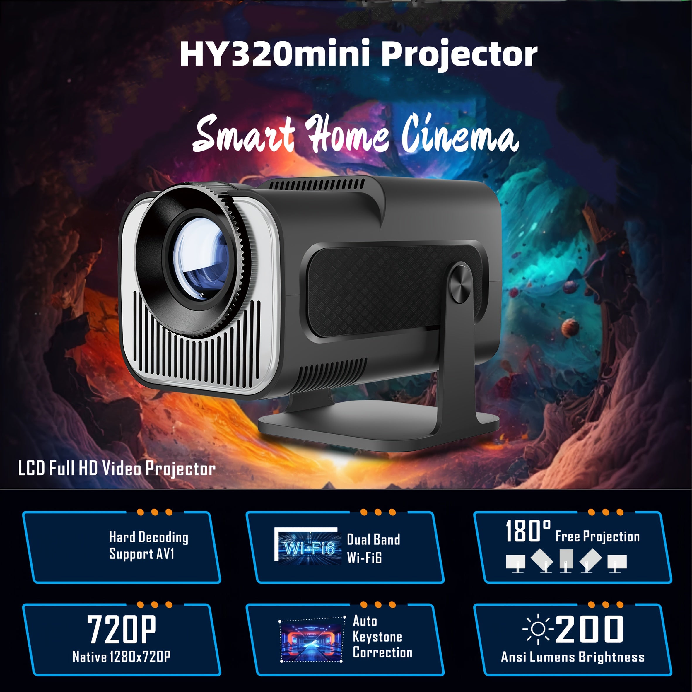 Portable 1280x720P Mini Projector Wireless Home Cinema Smart Family Theater