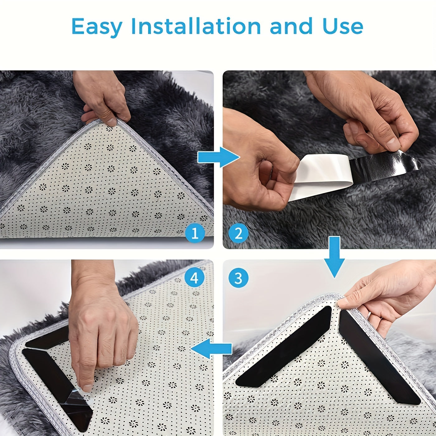 8 Pack Rug Grippers for Corners and Sides, Reusable Non-Slip Floor Holders