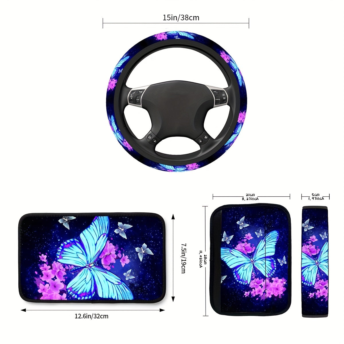 Katta ko‘k rangli kapalak bosimi bilan avtomobil aksessuarlar to‘plami, rul boshqich qopqog‘i, o‘rindiq kamar qoplamalari bilan