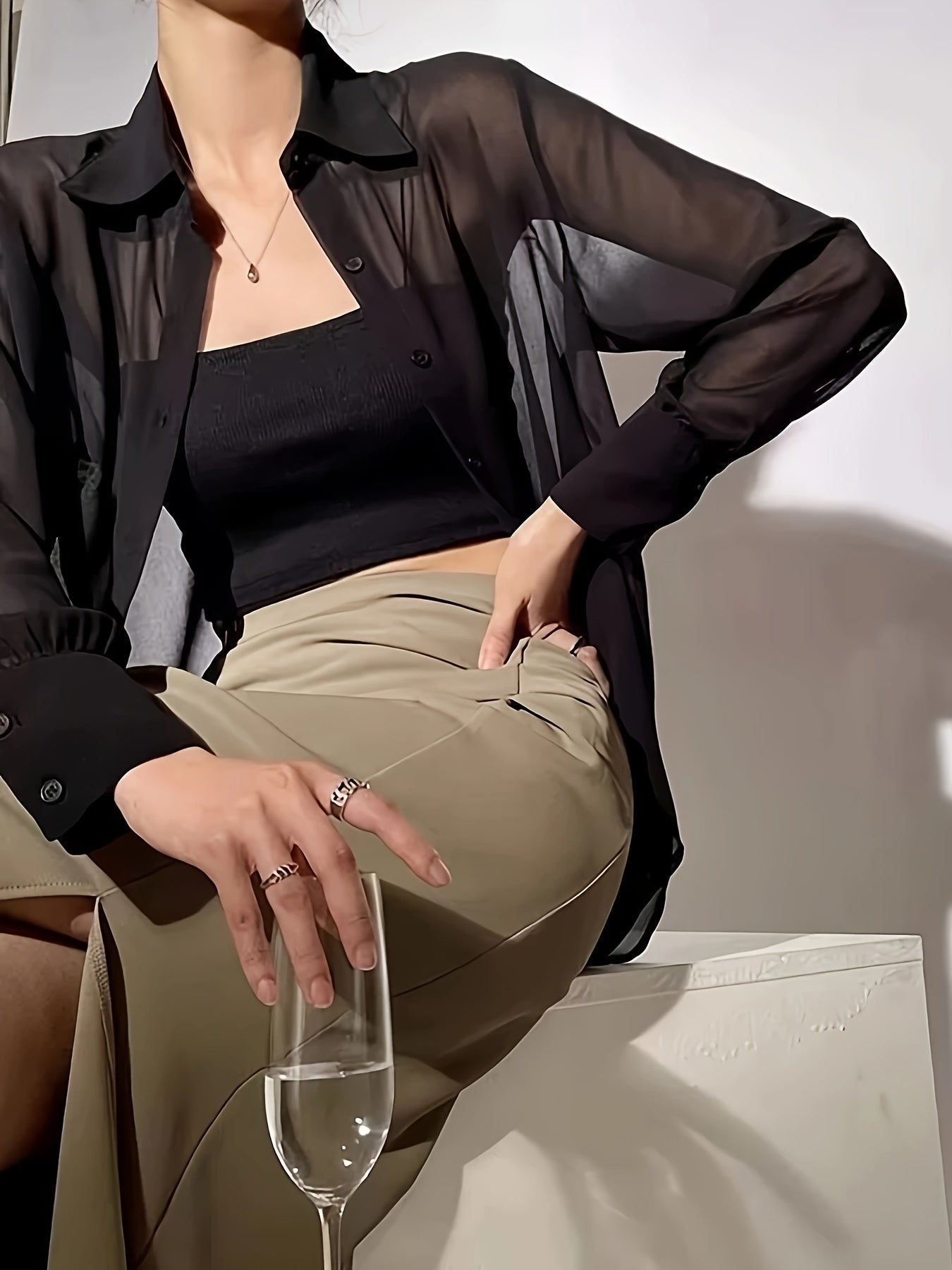 Women's Sheer Chiffon Blouse Long Sleeve Button Front Solid Spring Fall