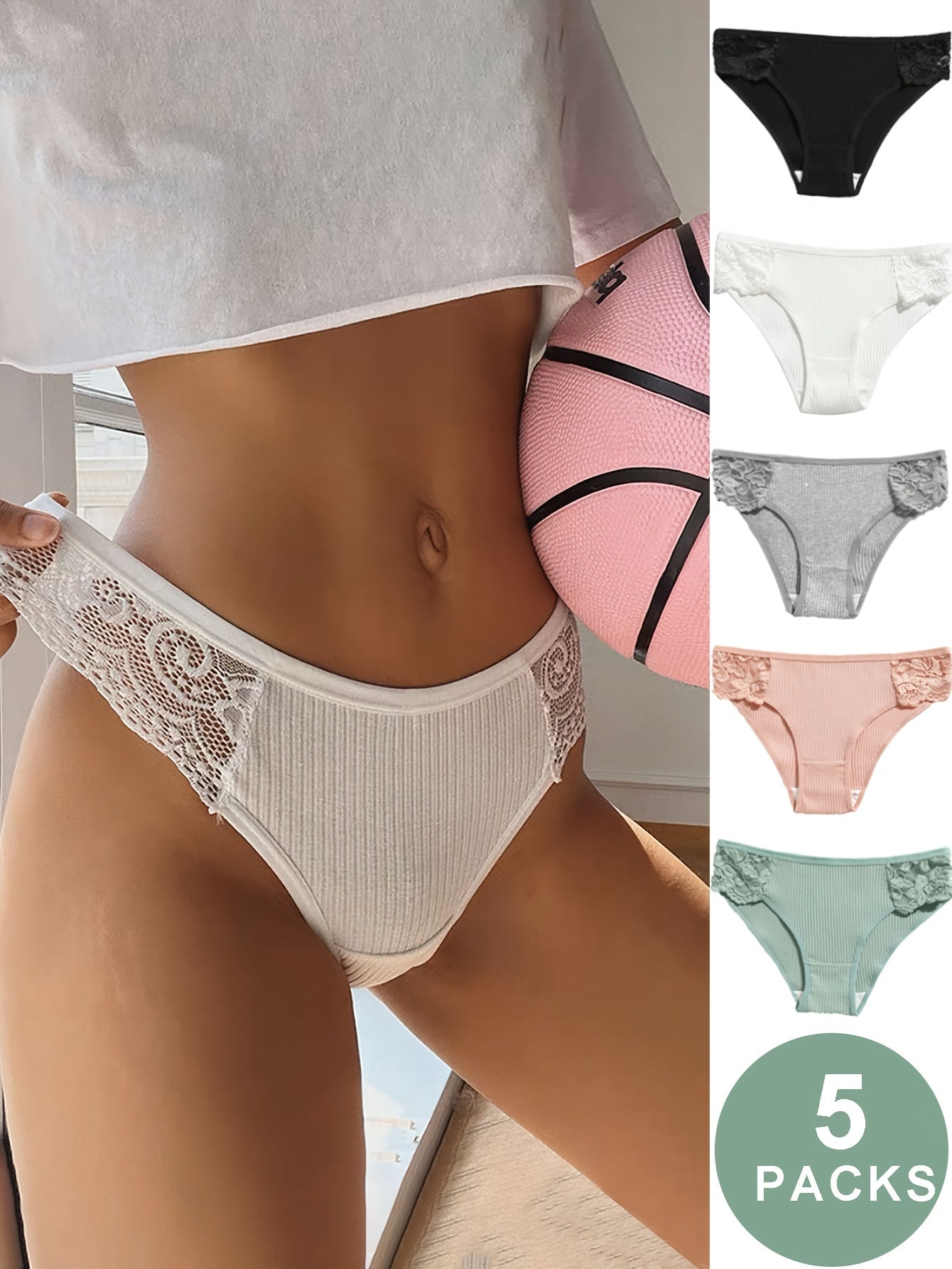 Комплект из 5 цветочных кружевных рибанных трусиков, удобное эластичное женское нижнее белье