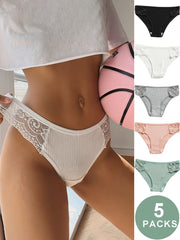 Комплект из 5 цветочных кружевных рибанных трусиков, удобное эластичное женское нижнее белье