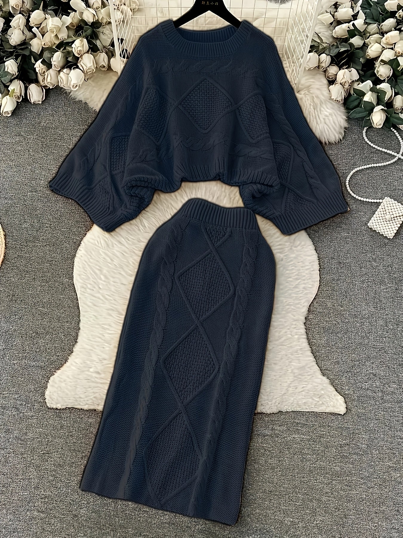 Plus Size Casual Sweater Skirt Two-Piece Set Black Large