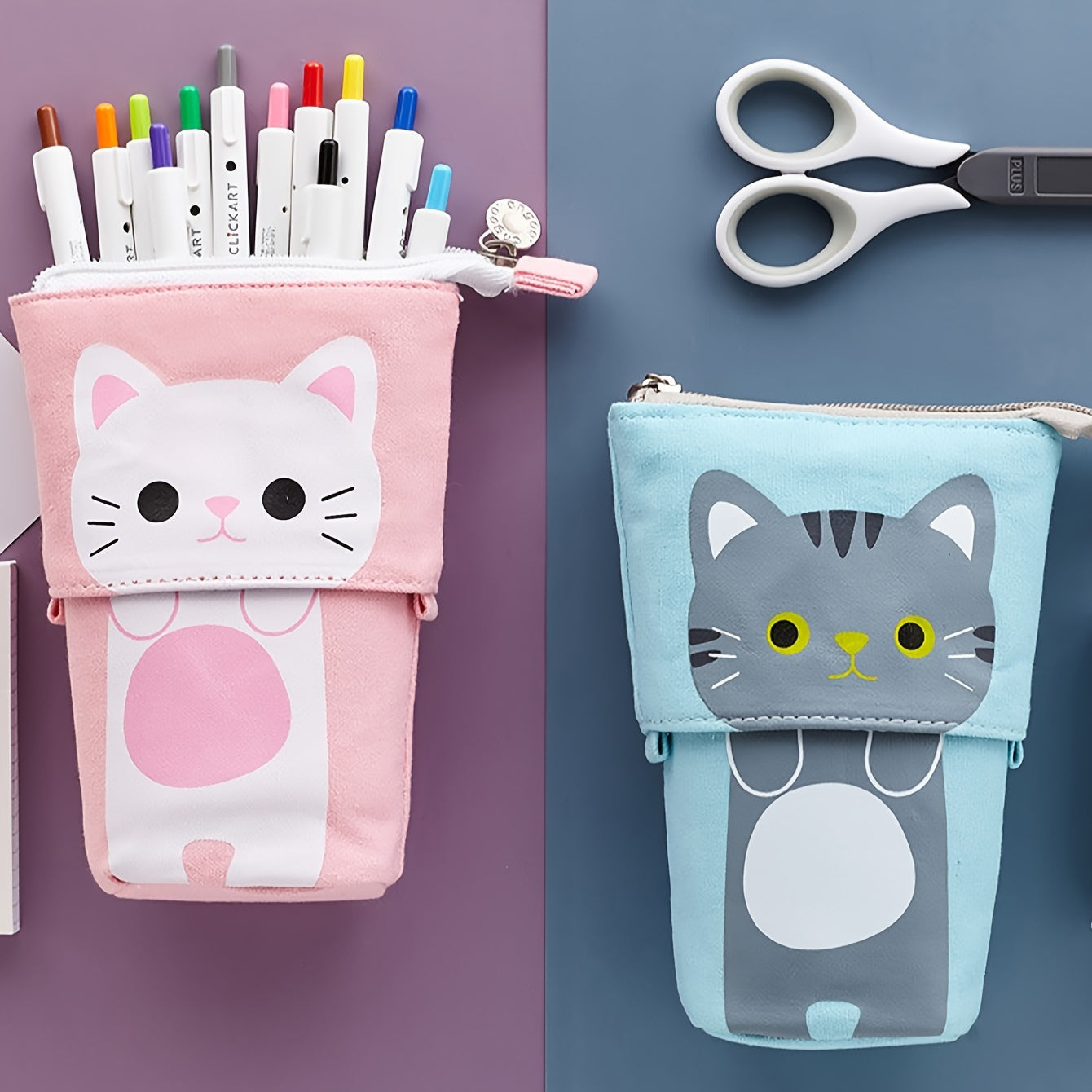 Canvas Cat Pencil Case with Zipper, Expandable, 2-in-1 Telescopic Pouch for Students