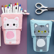 Canvas Cat Pencil Case with Zipper, Expandable, 2-in-1 Telescopic Pouch for Students