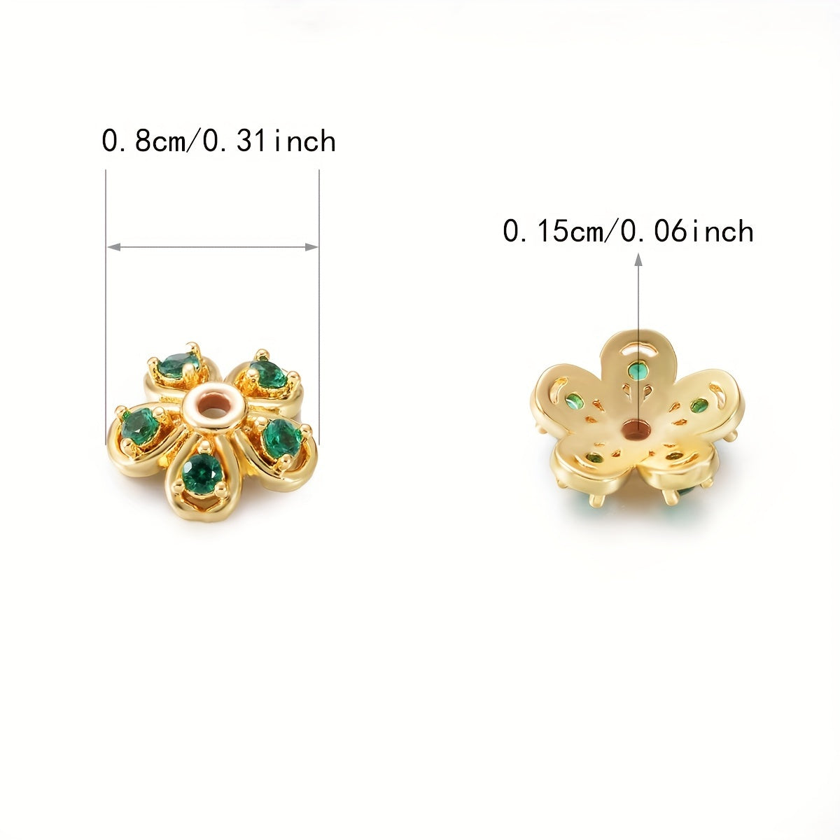 Brass Flower Bead Caps Set of 20 with Synthetic Cubic Zircons 6mm 8mm 10mm