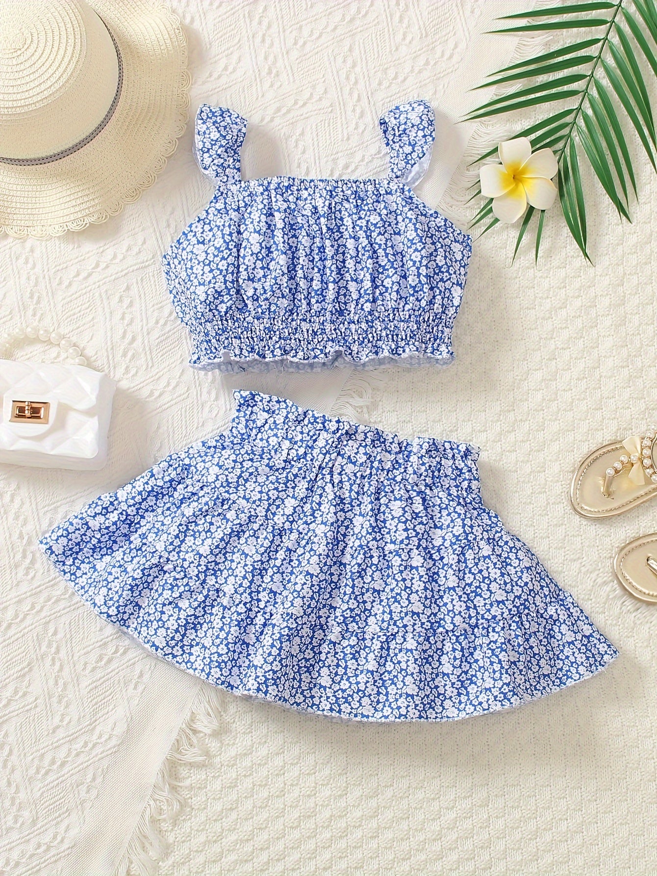 Girls Floral Summer Crop Top and Skirt Set for Outdoor Vacation