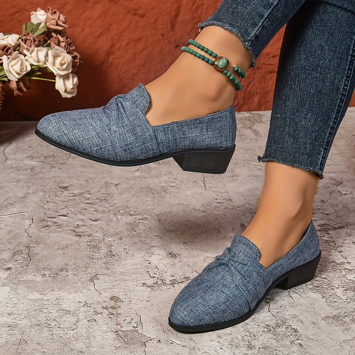 Women's Breathable Fabric Flats with Square Heel for Work and Casual Use