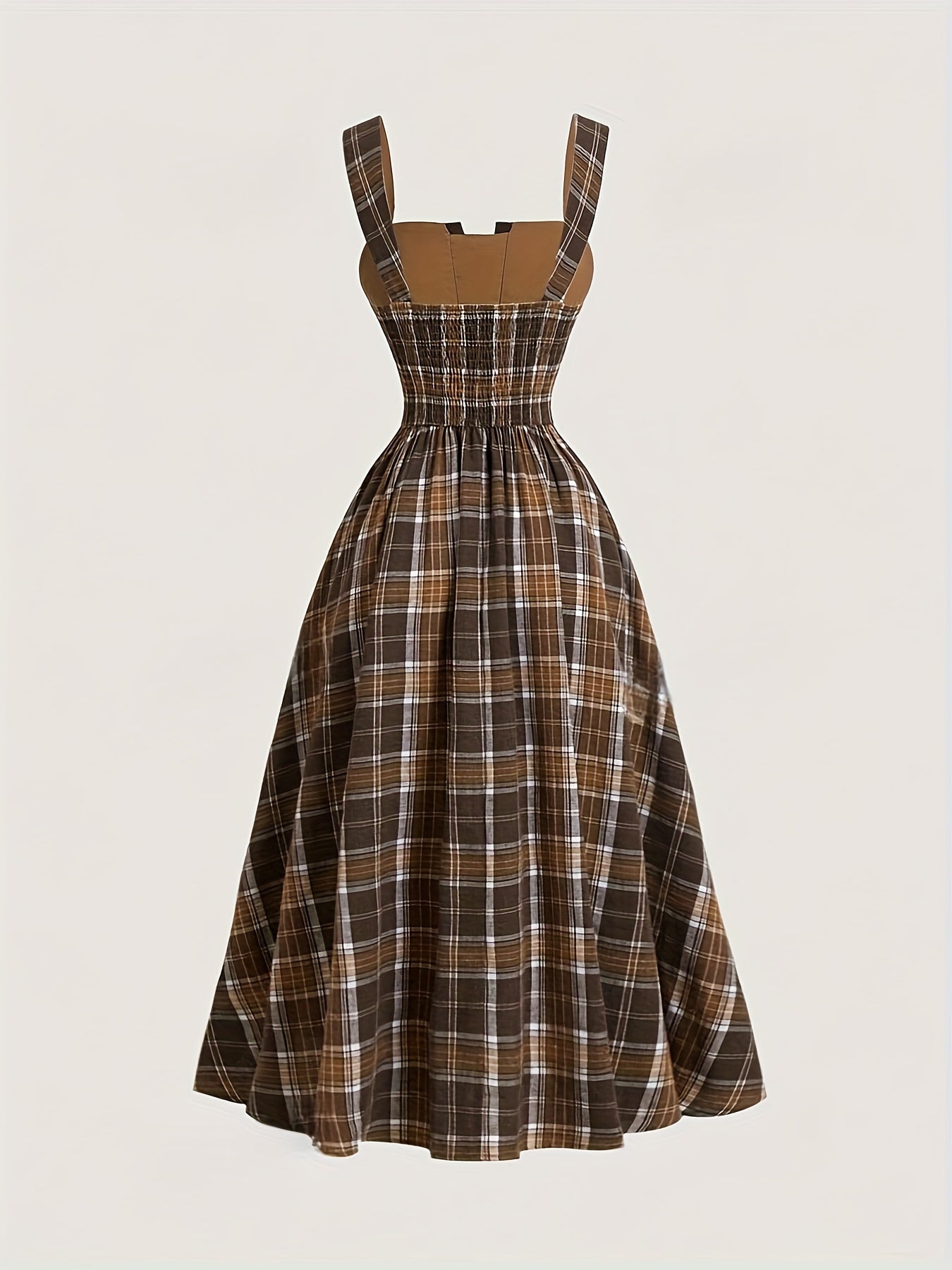 Adult Plaid Long Dress with Off-Shoulder Style and Shirred Details