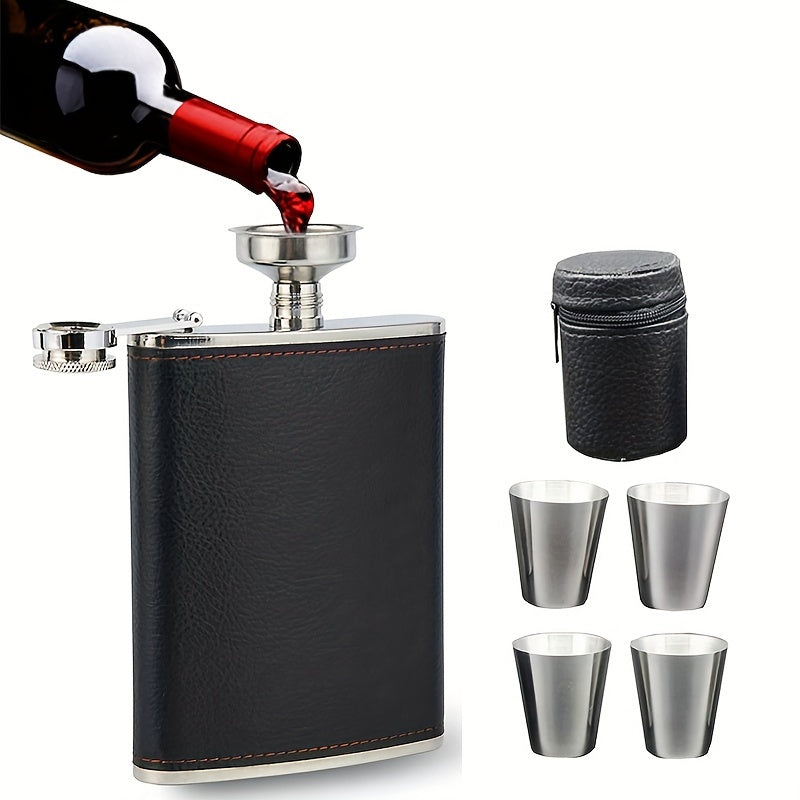 8oz Stainless Steel Flask Set with Leather Wrap 4 Cups and Funnel Leakproof for Whiskey Rum Vodka