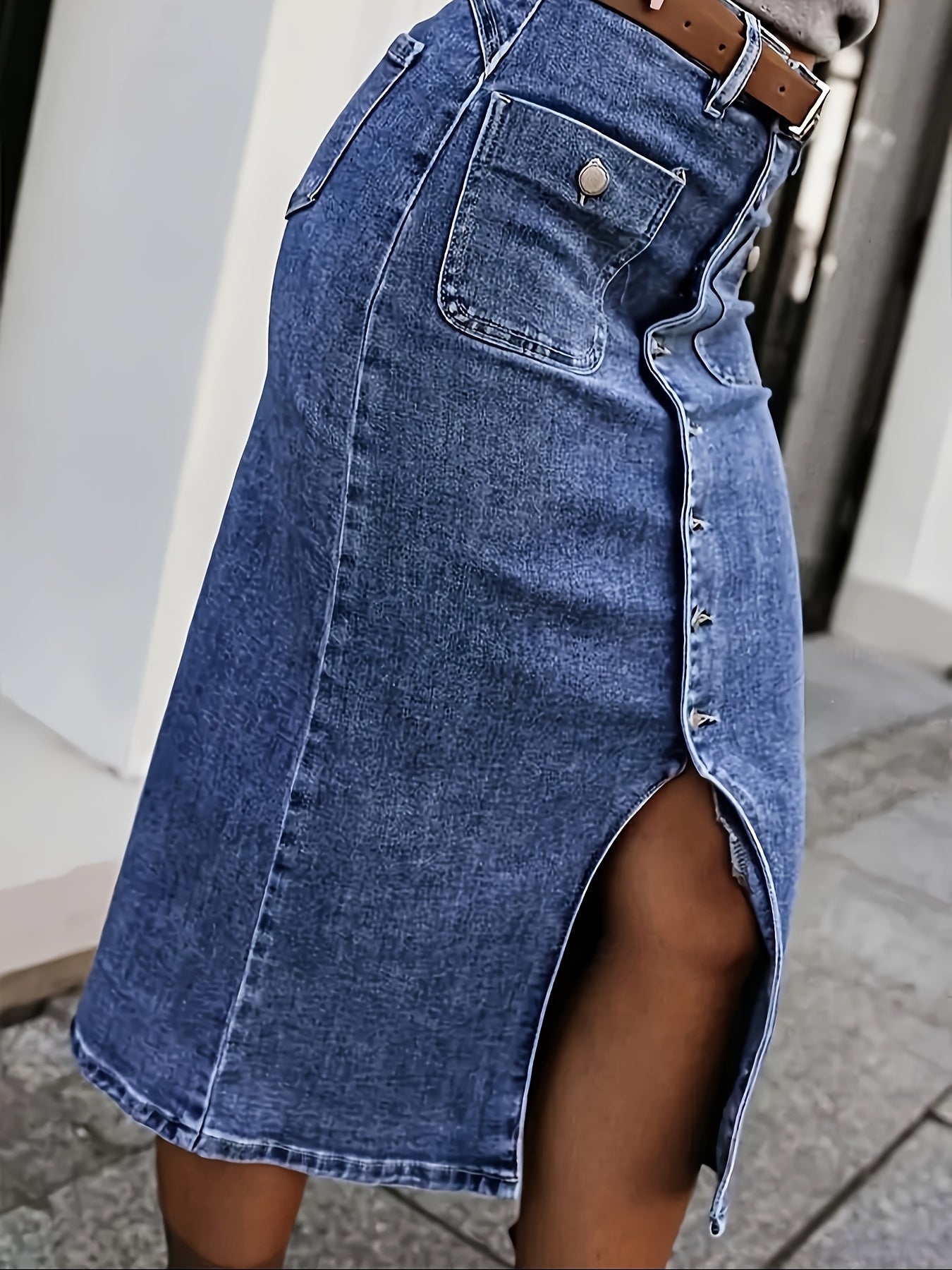 Women's Denim Skirt Midi Length Blue Button Front Side Slit Casual Stretch Autumn