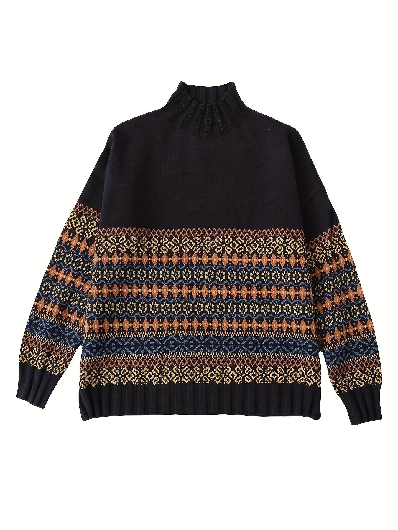 Suéter de talla grande para mujer con patrón geométrico, manga larga, cuello alto y estilo pullover