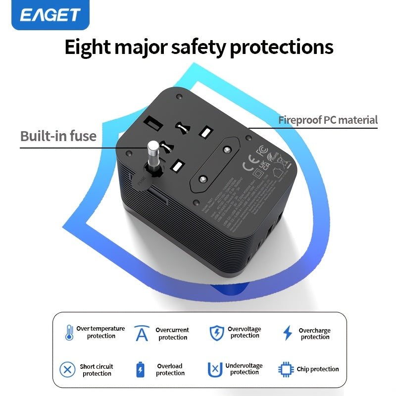 Cargador de viaje universal de 20W con carga rápida y 2 puertos USB-A y 2 USB-C, adaptador de enchufe todo en uno para múltiples países