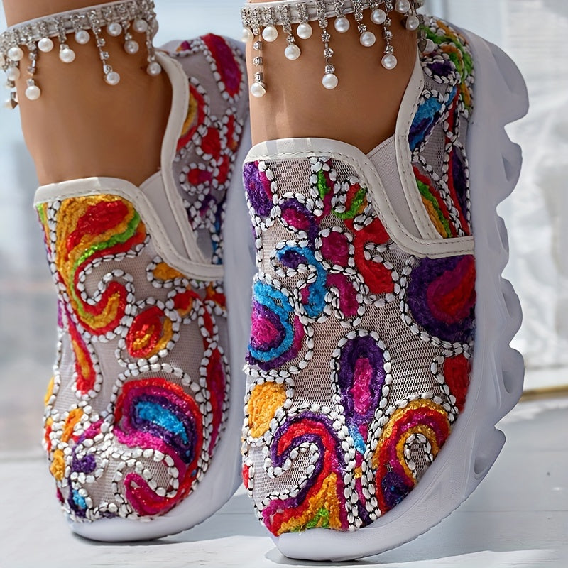 Women's Embroidered Fabric Slip-On Sneakers with Rubber Sole