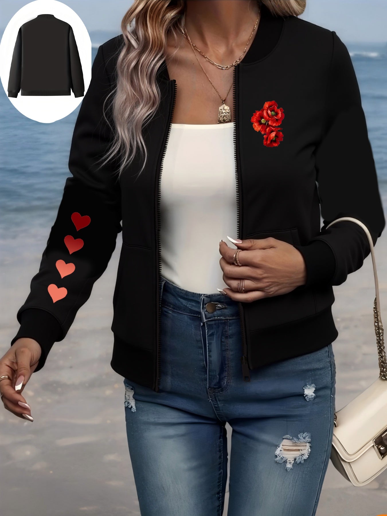 Women's Plus Size Black Heart Print Bomber Jacket Long Sleeve Zip-Up Casual Outerwear
