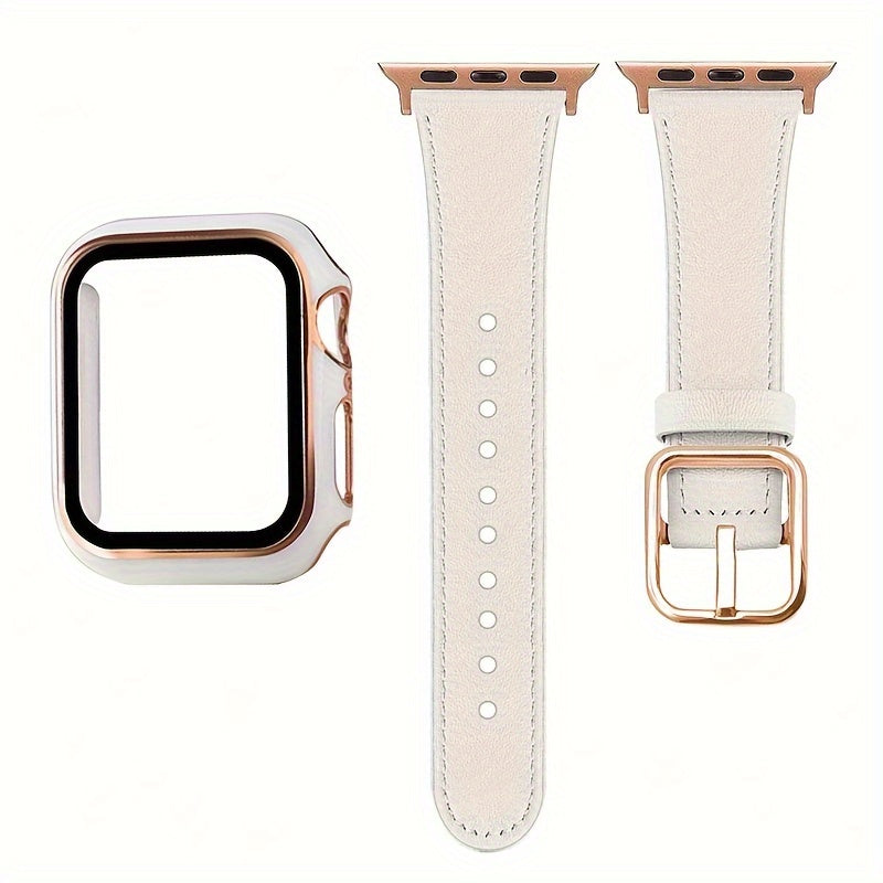 Sun Buckle Two-Color Rose Shell Protective Case for Smartwatch 2-in-1 Synthetic Leather Strap Tempered Glass Frame Compatible with iWatch Ultra Series