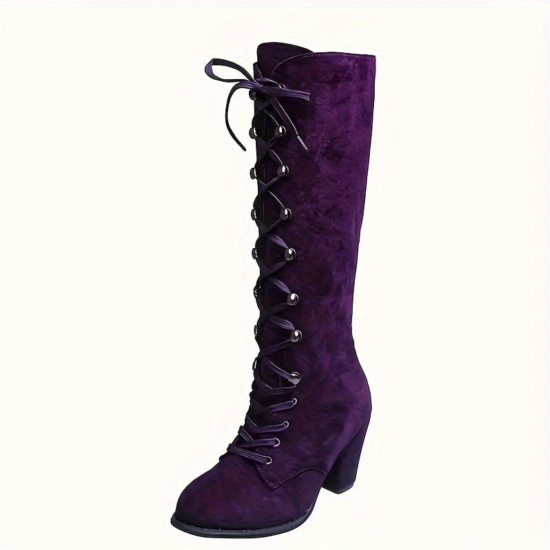 Women's Solid Color Chunky Heel Boots Lace-Up Knee High Shoes