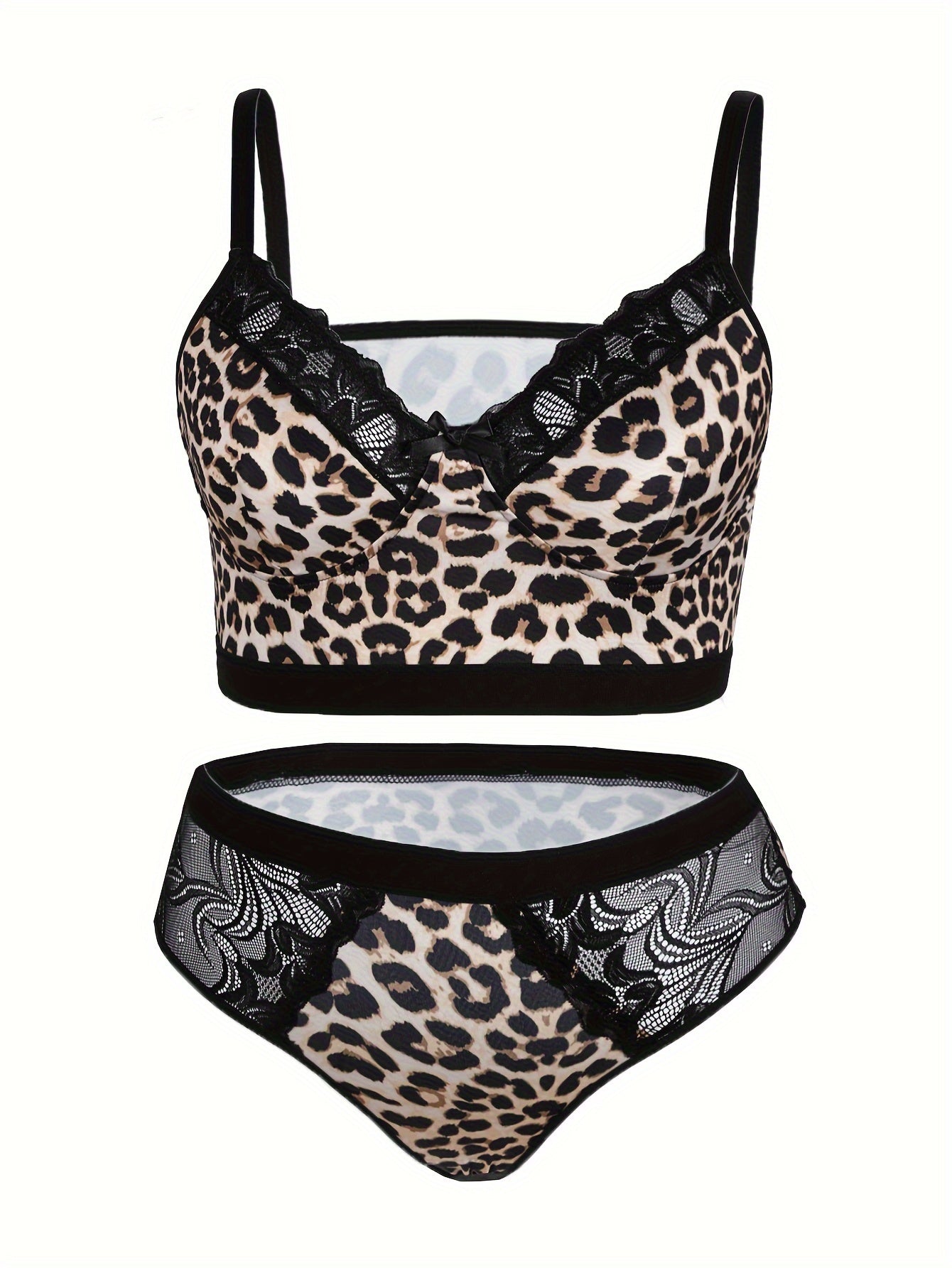 Conjunto de lencería de talla grande con estampado de leopardo y detalles de encaje para mujeres