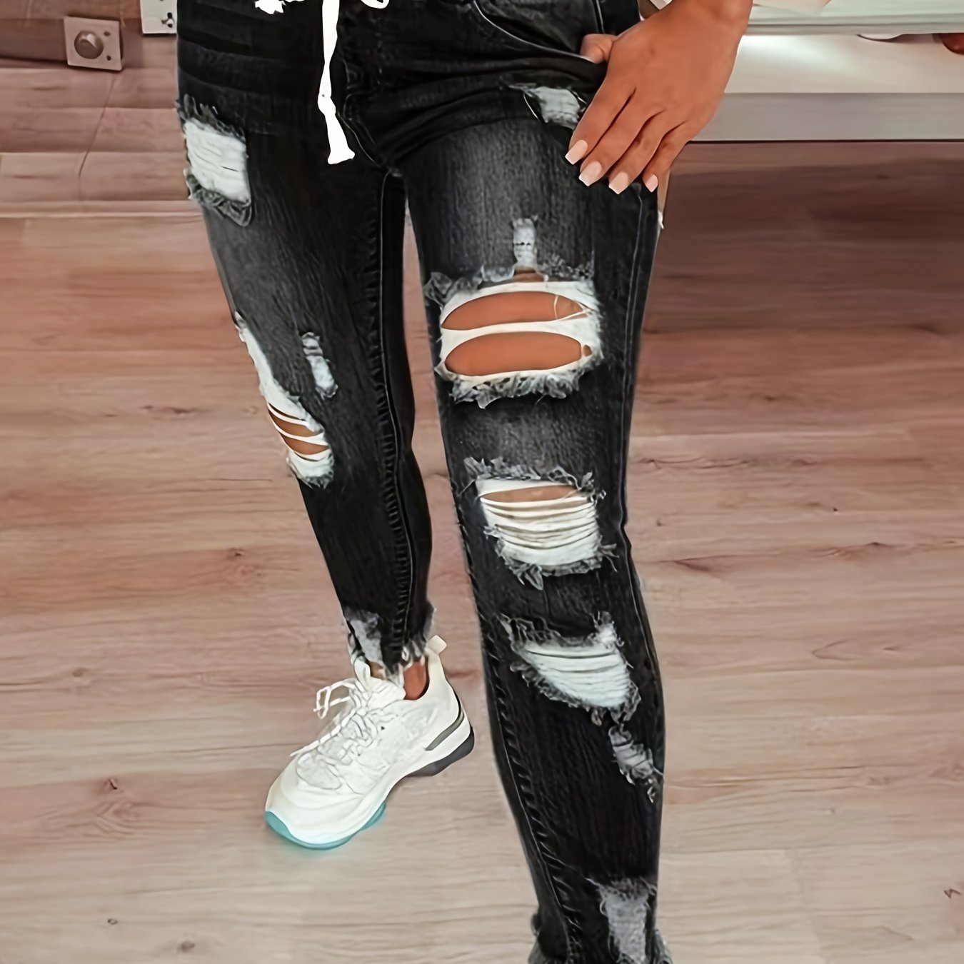 Plus Size Denim Jeans with Ripped Raw Hem and Elastic Drawstring Waist