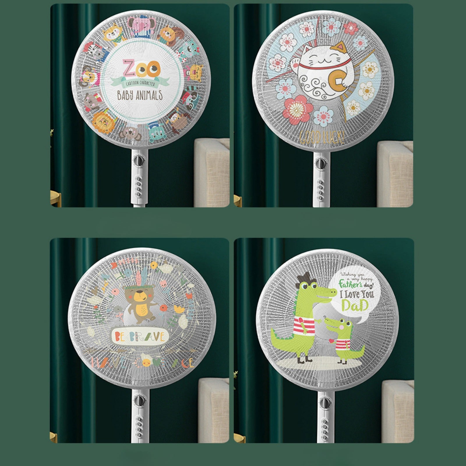 2pcs White Floral and Zoo Animal Fan Dust Covers with Hand Pinch Guard