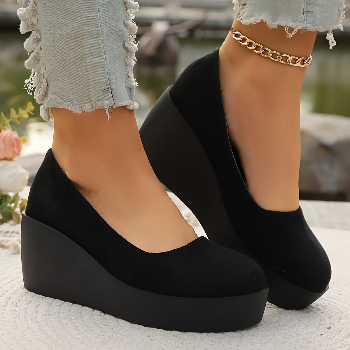 Women's Black Slip-On Platform Wedge Loafers for Casual Daily Wear