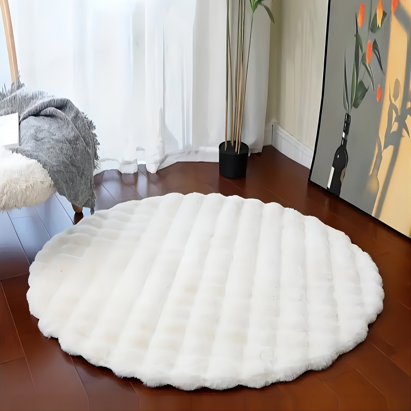 Alfombra redonda de felpa lujosa, ultra suave, antideslizante, con textura acanalada, blanca o rosa