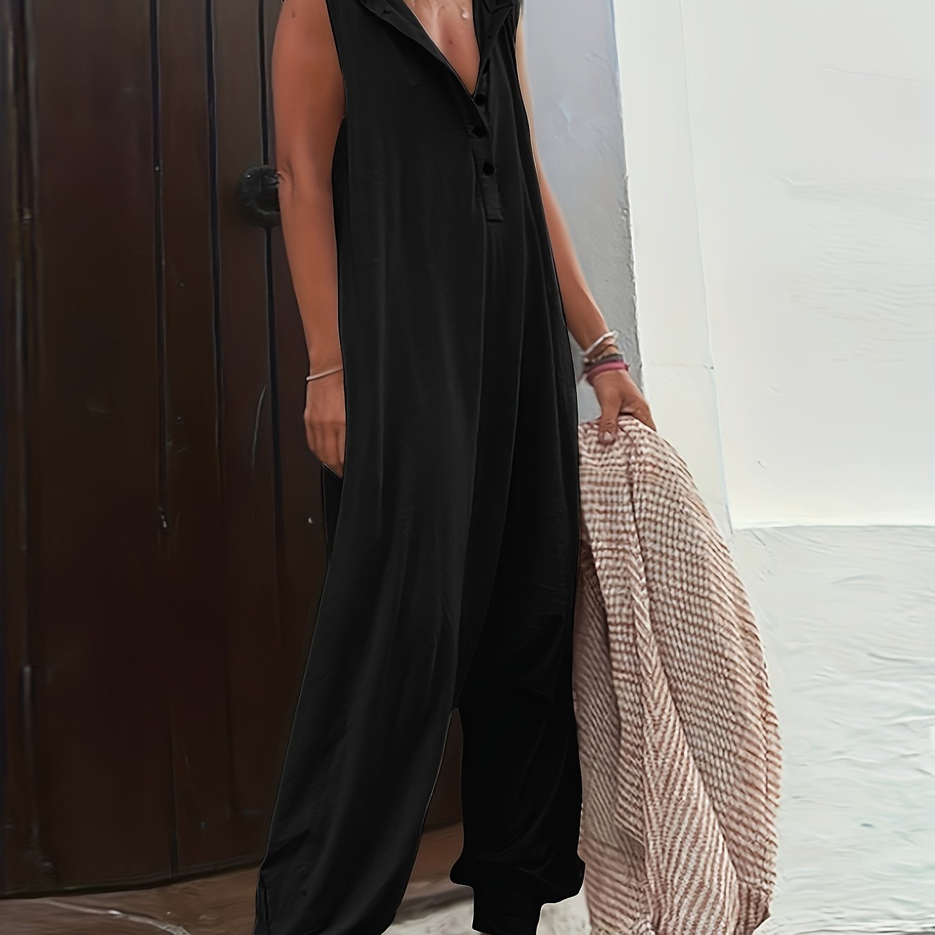 Plus Size Women's Black Hooded Jumpsuit Casual Romper with Pockets