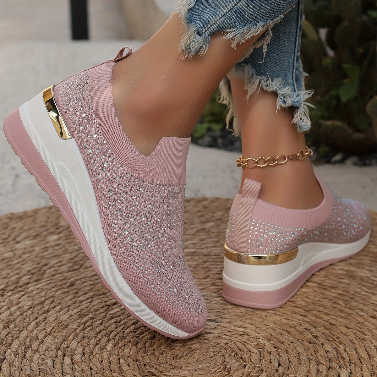 Women's Rhinestone Decor Platform Sneakers Casual Slip-On Outdoor Shoes
