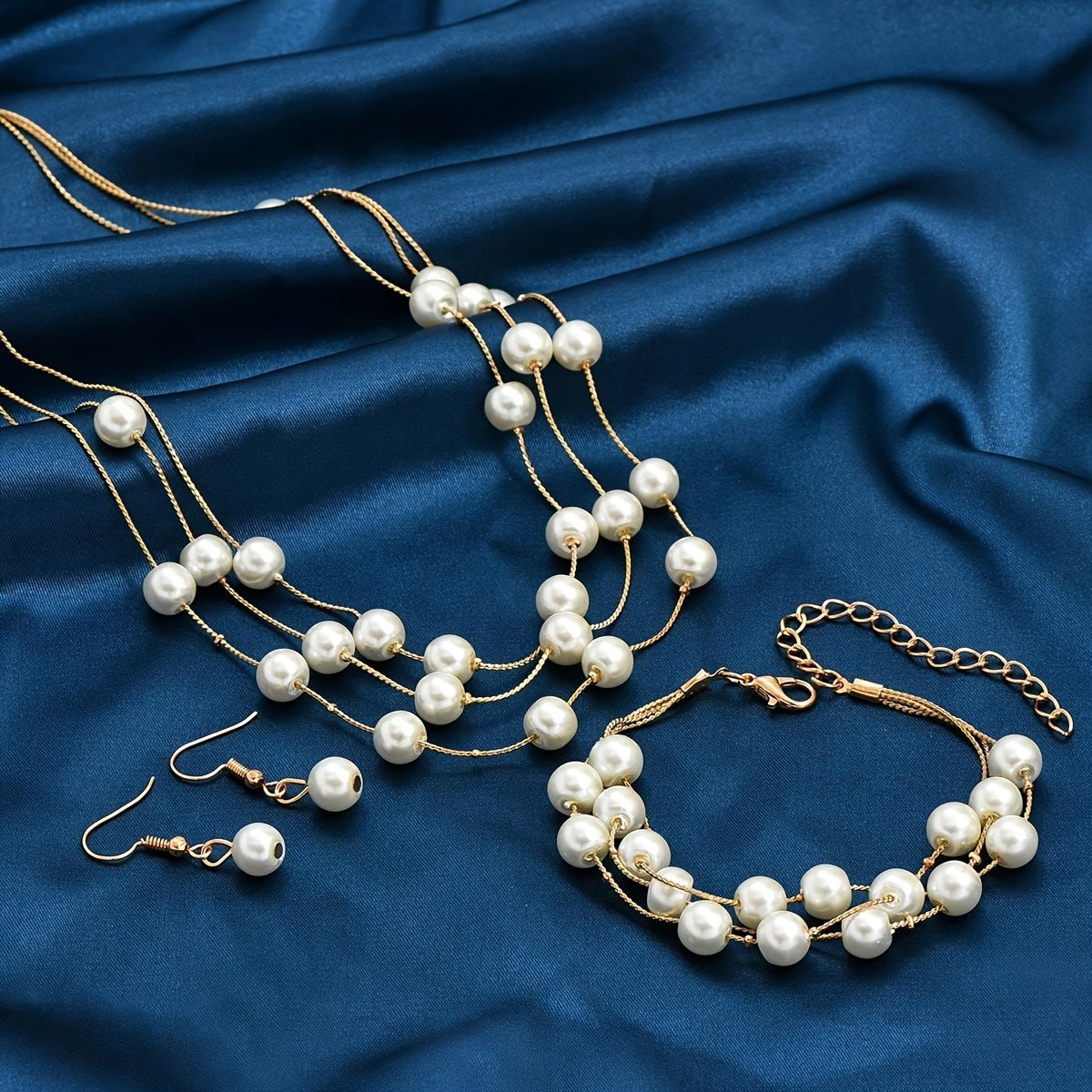 Gold and Silver Pearl-Style Jewelry Set with Necklace Bracelet and Earrings