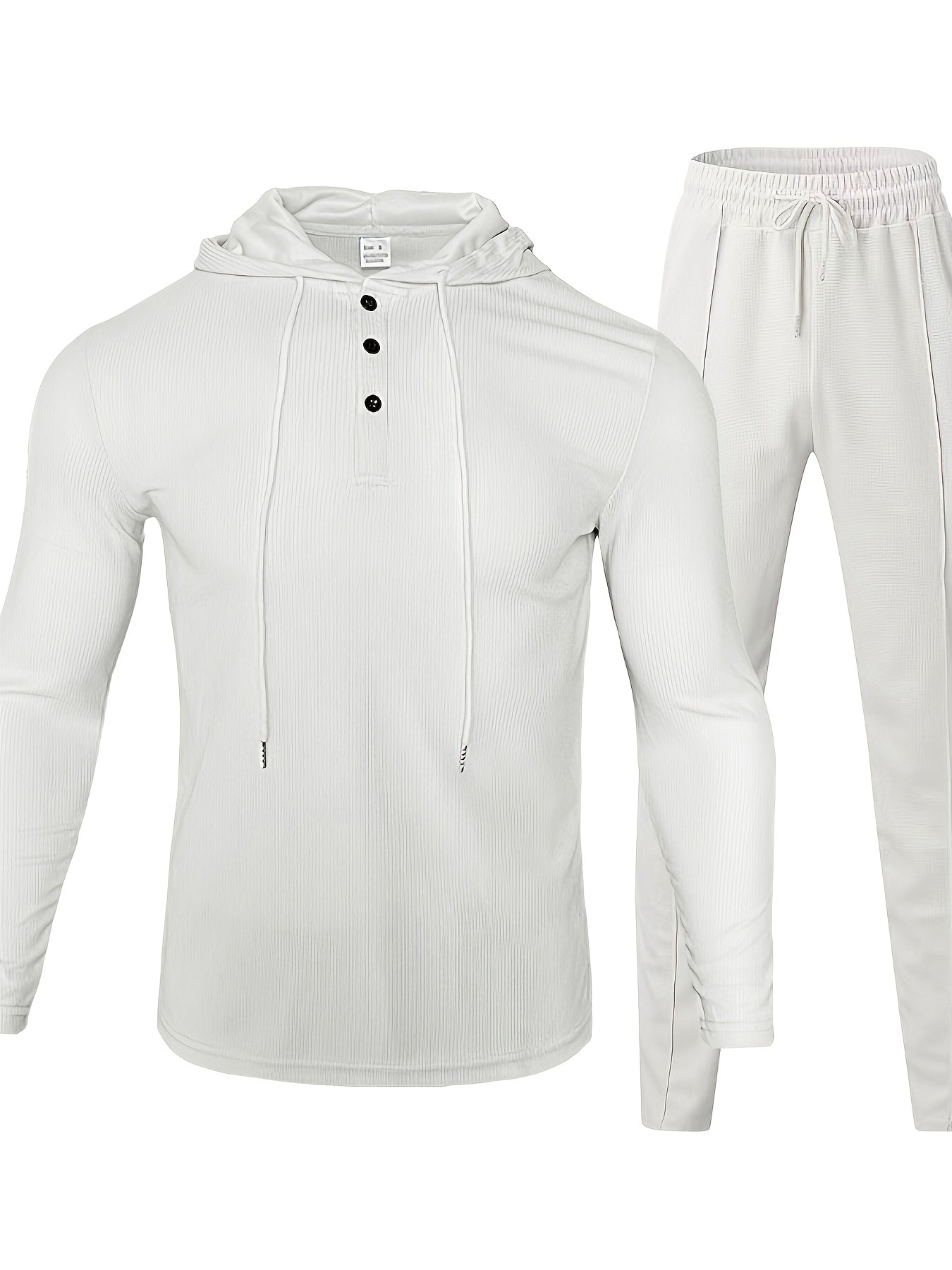 Erkaklar uchun bir rangli vafli to'plami, kapüşonli va tortish ipli shimlar bilan, bahor va kuzda ochiq havoda faoliyatlar va tasodifiy kiyimlar uchun ideal.