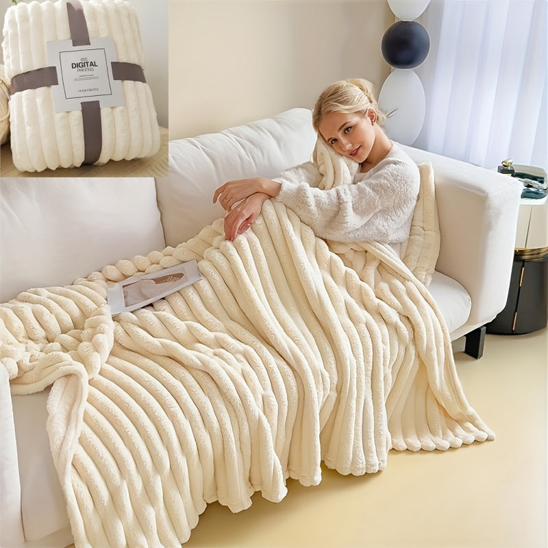 Imitation Rabbit Fur Shawl Blanket Soft Knit All-Season Versatile Striped Design