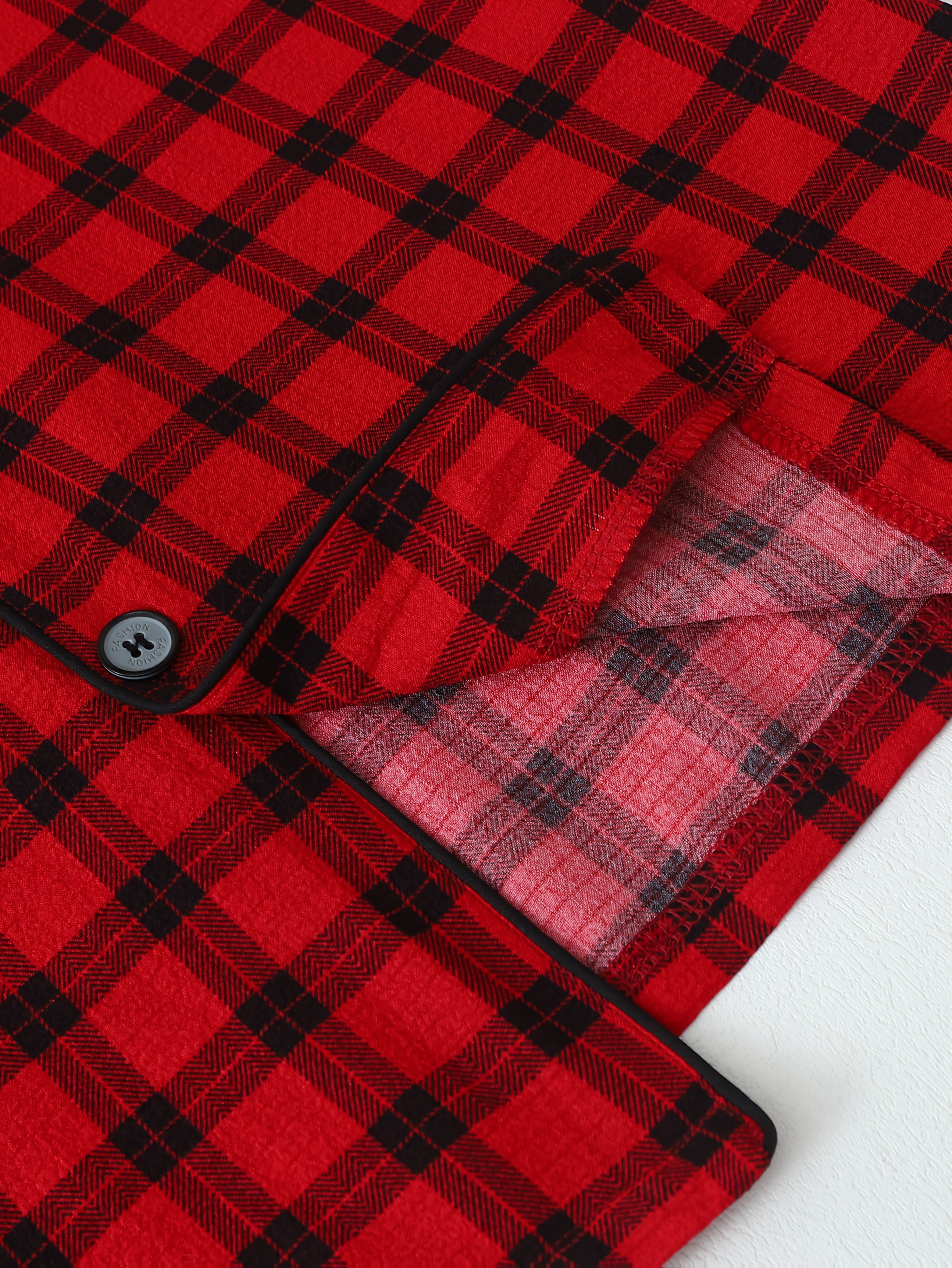 Men's Red Plaid Pajama Set Long Sleeve Polyester Knit Casual Sleepwear