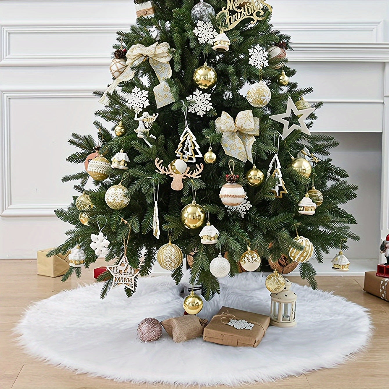 White Plush Christmas Tree Skirt 77.98cm Festive Decor with Ornaments