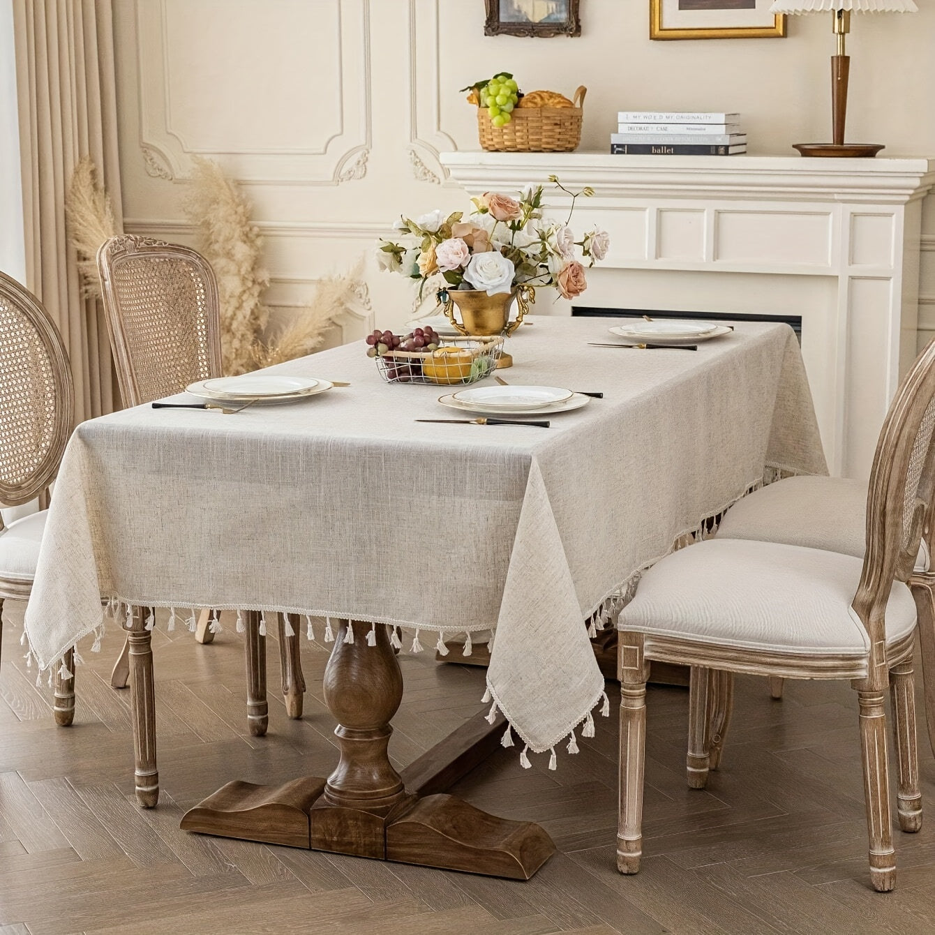 Polyester Cream Tassel Lace Tablecloth Khaki for Holidays and Parties