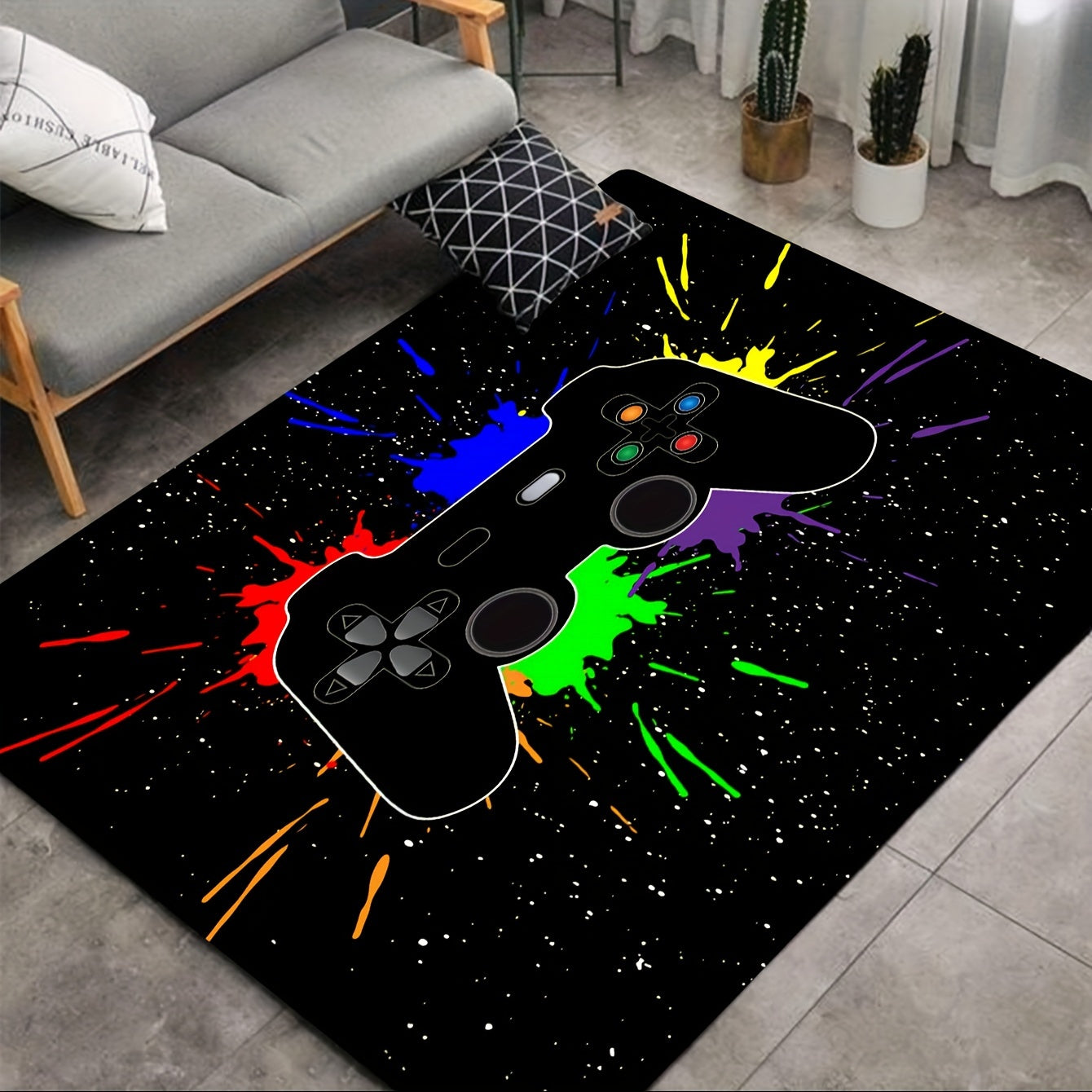 Gaming Area Rug with Gamepad Theme, Washable, Cyberpunk Style for Living Room