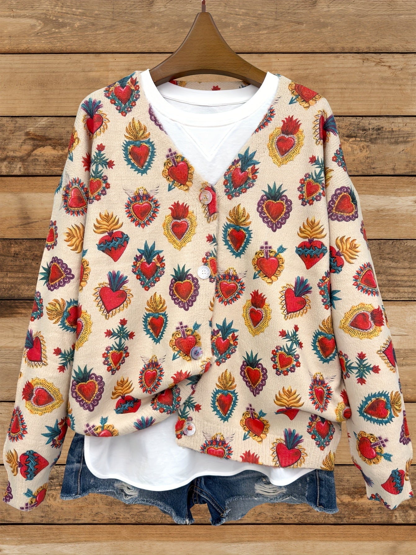 Women's Oversized V-Neck Cardigan Knit Sweater with Button Detail