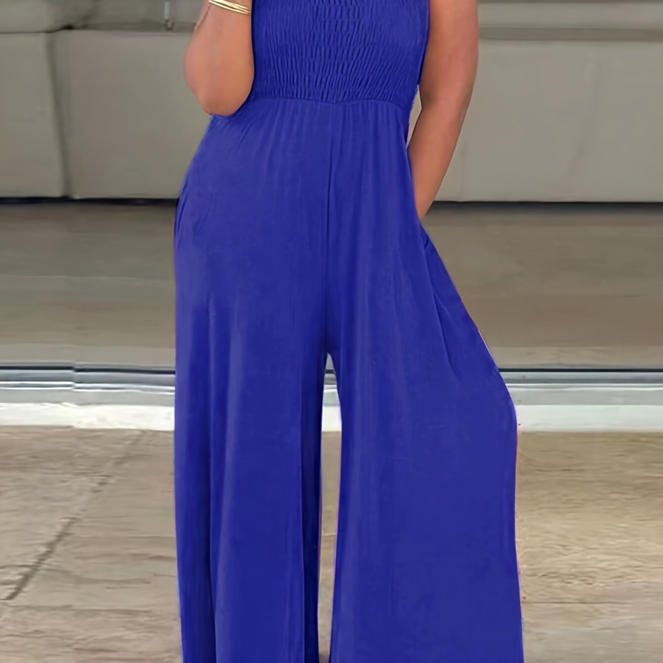 Plus Size Women's Off-Shoulder Sleeveless Jumpsuit Lightweight Stretchy H-Line with Pockets