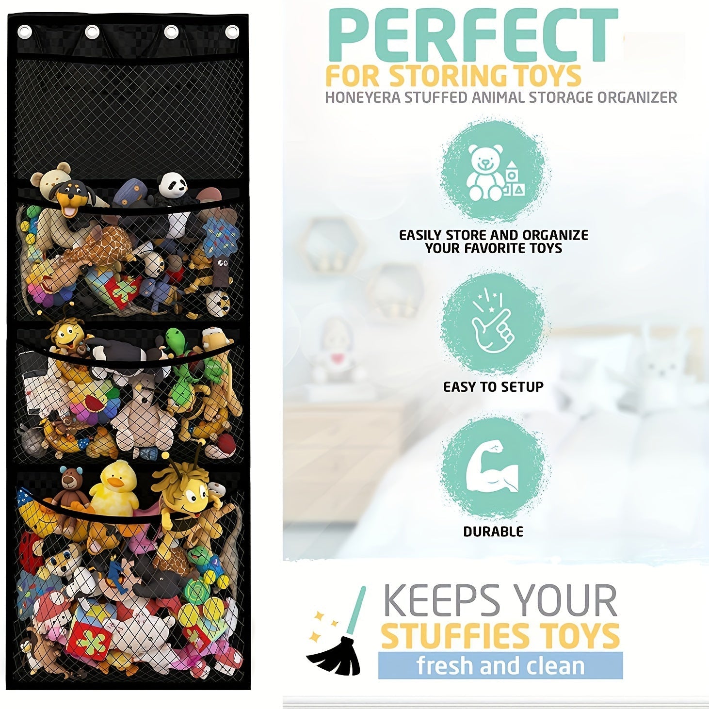 Hanging Stuffed Animal Storage Organizer Bag Breathable Mesh for Bedroom Closet