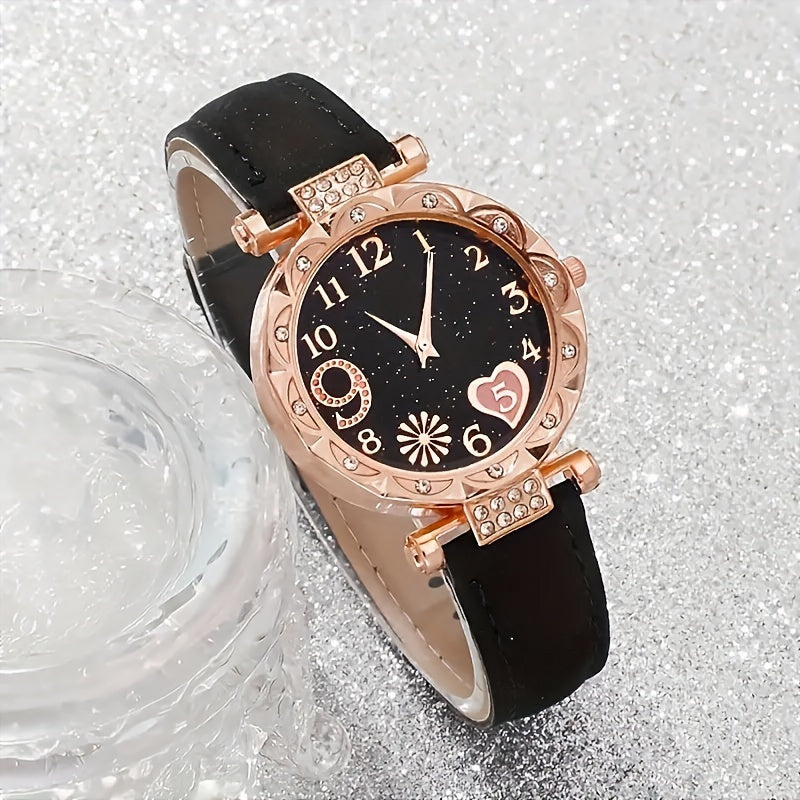 6 ta ayollar uchun sun'iy charm bilan ta'minlangan soat va yurak va olmosli zargarlik buyumlari to'plami