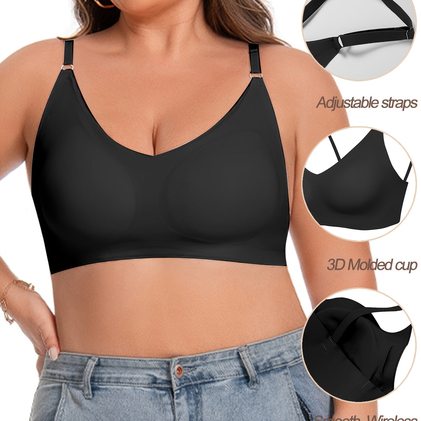 Plus o'lchamli uzluksiz sport brasi yumshoq pushti V-shaklli bo'yinli to'liq qamrov olib tashlanadigan padlar