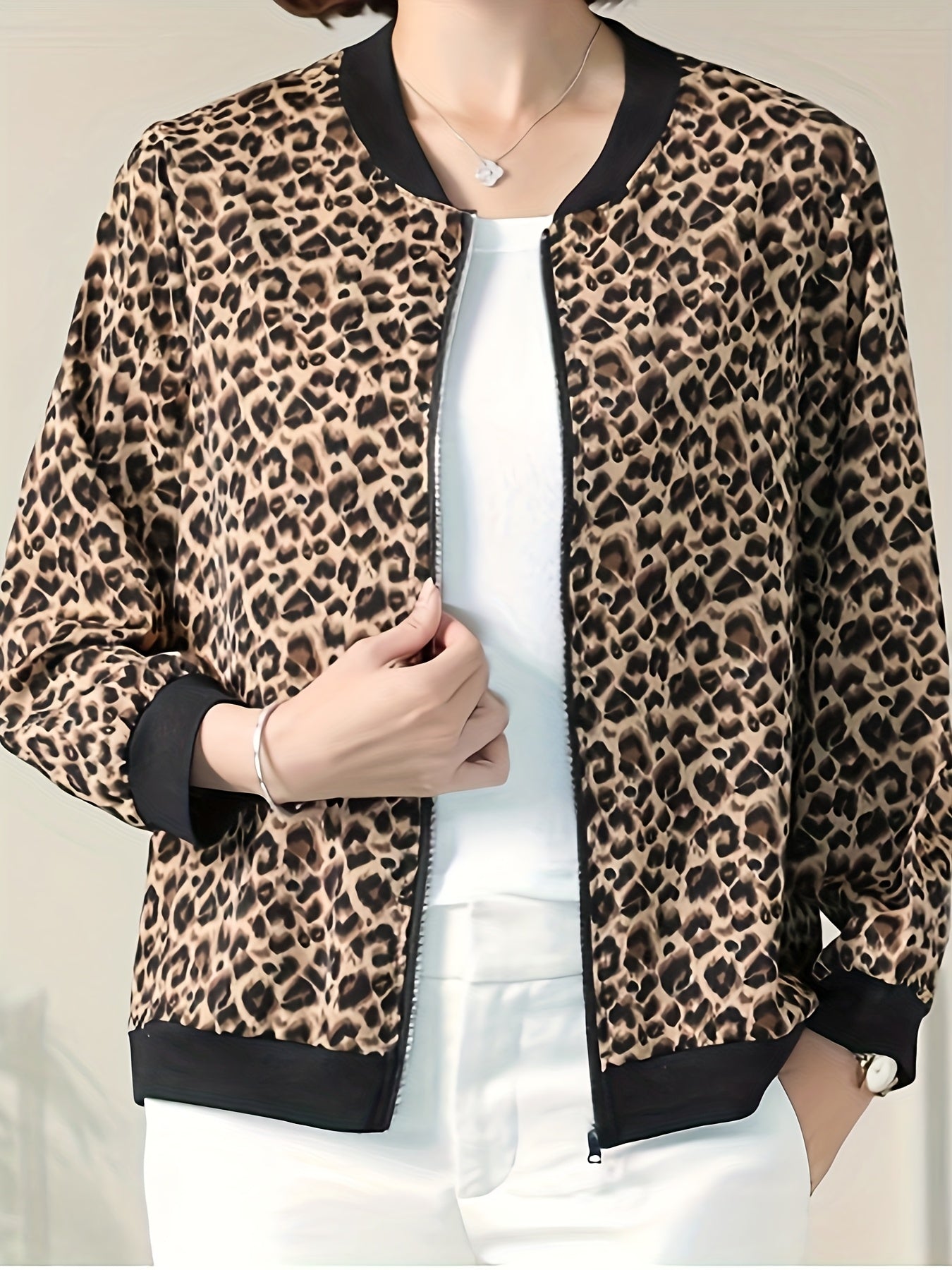 Plus Size Leopard Print Cardigan Zipper Long Sleeve Women's Top