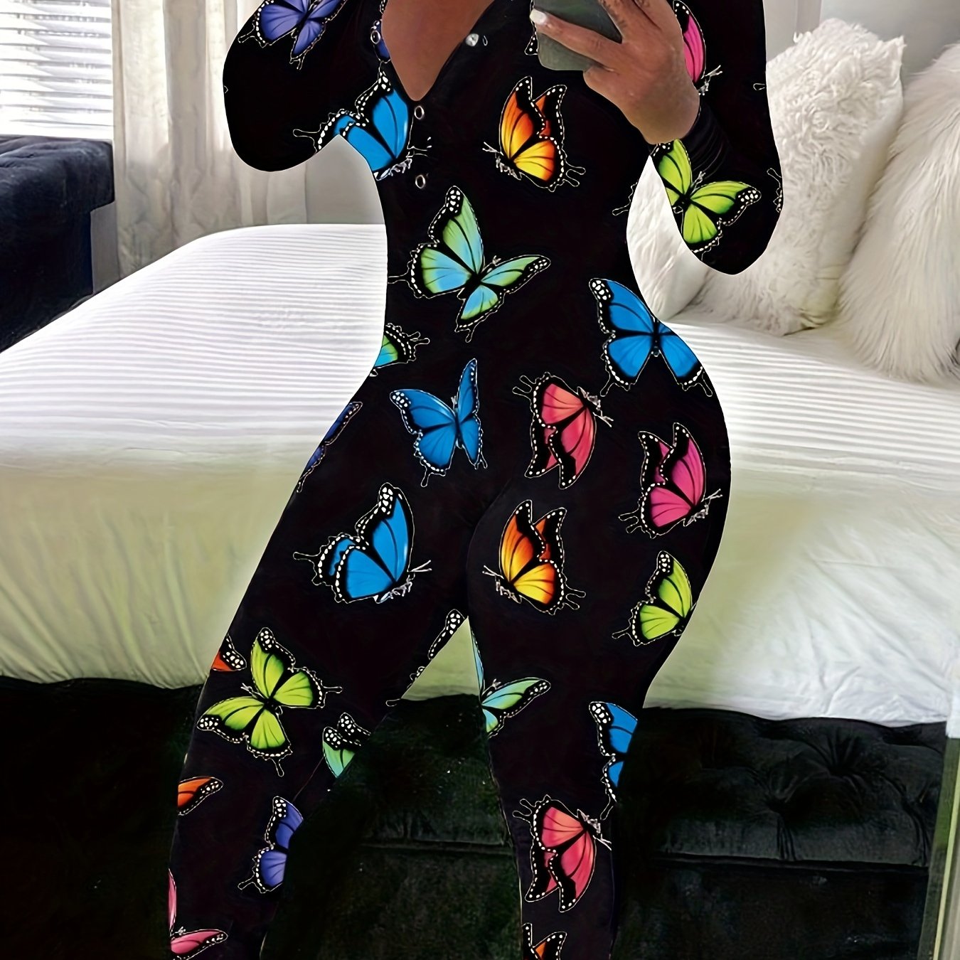 Women's Black Stretchy Butterfly Print Casual Jumpsuit with V-Neck and Button Front