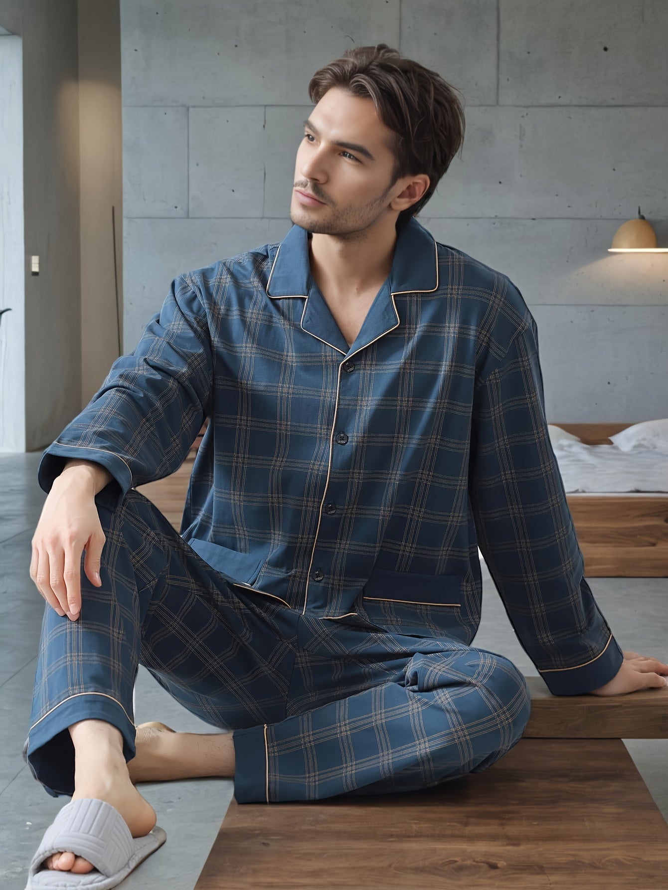Conjunto de pijama de cuadros para hombre en primavera y otoño, con cárdigan de manga larga, ajuste holgado y estilo casual