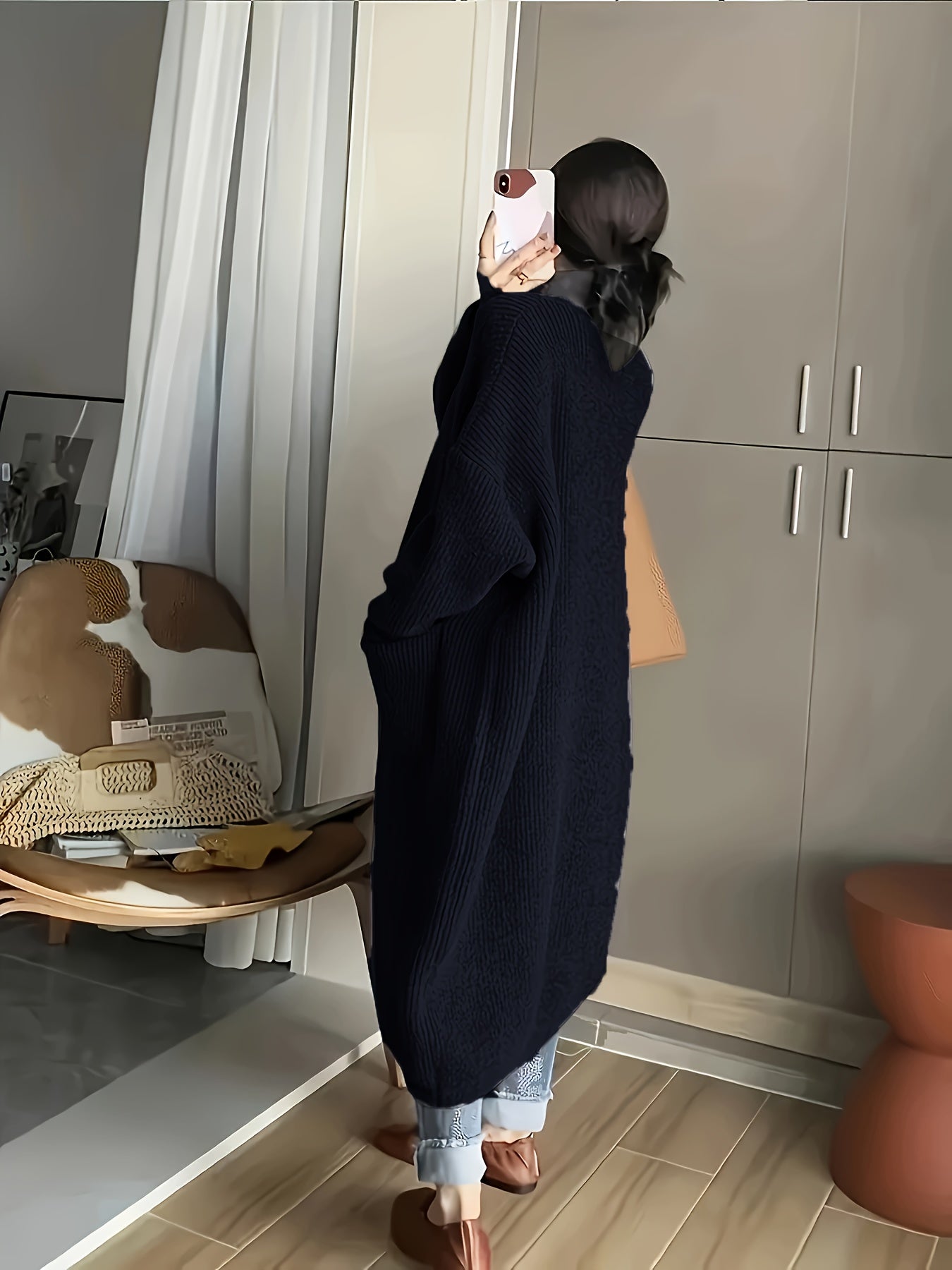 Plus Size Gray Knit Cardigan for Women Casual Fall Winter Long Sleeve Pockets Stand Collar