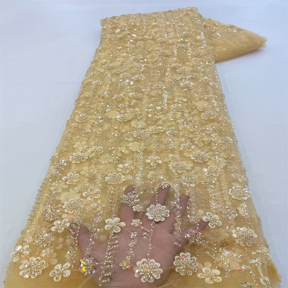 French Net Lace Fabric 2.5 Yards Beaded Wedding Bridal Peach Cotton Polyester