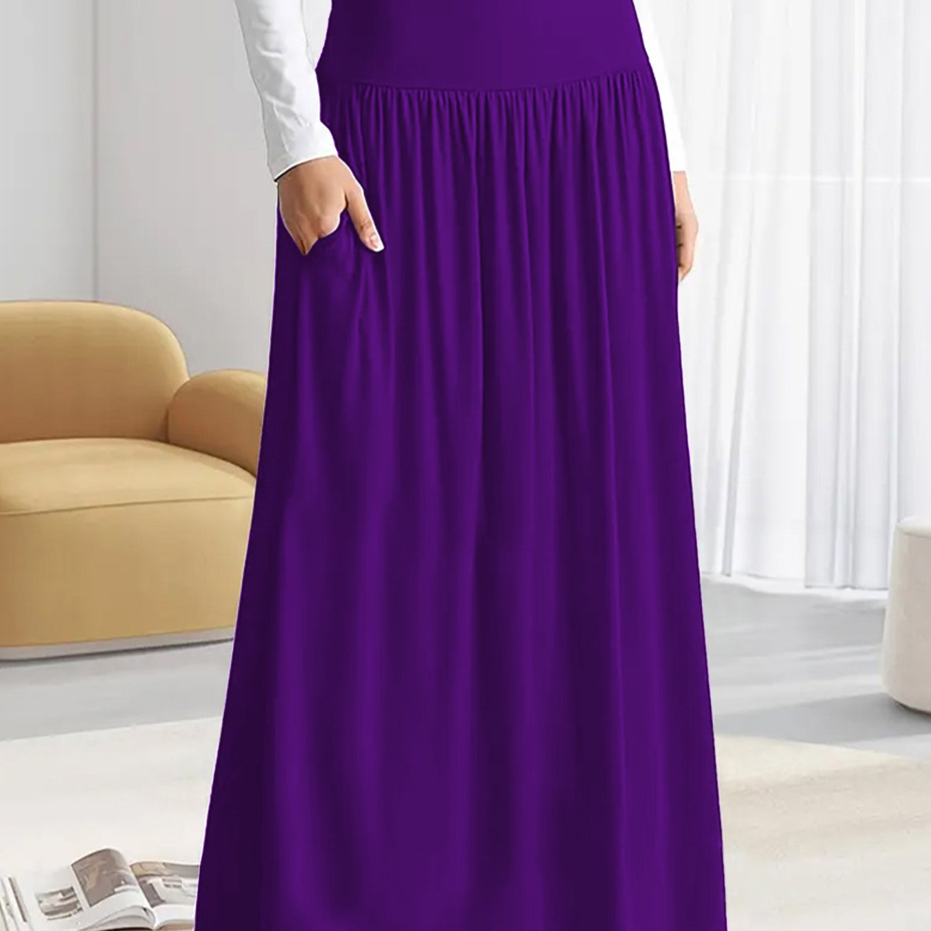 Women's Plus Size Pleated Midi Skirt with Pockets and Elastic Waist
