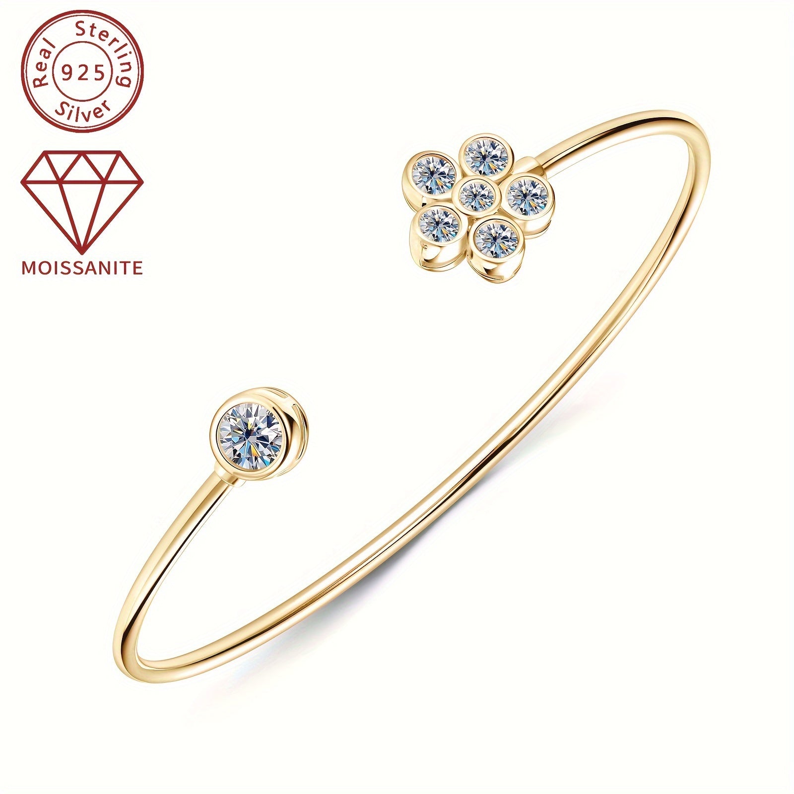 Open Cuff Bracelet for Women with Synthetic Moissanite Stones 925 Silver 14K Gold Plating April Birthstone Elegant Floral Design